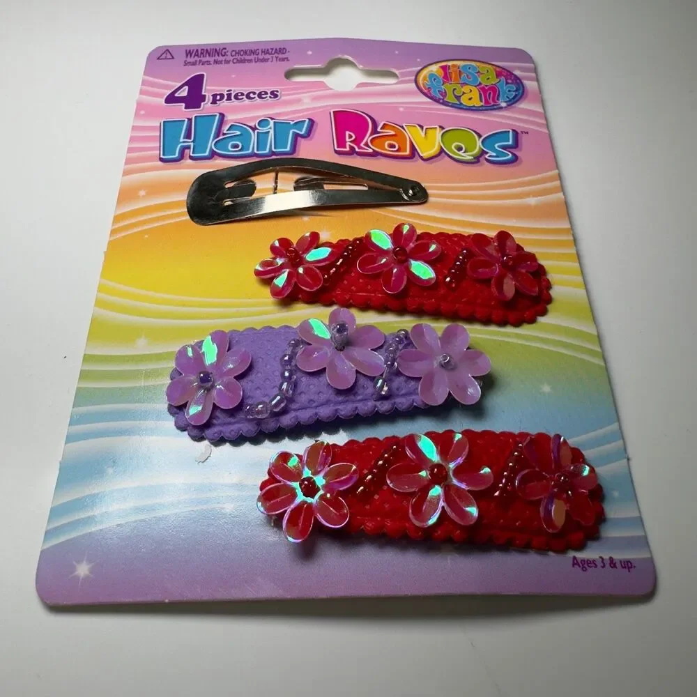 Lisa Frank Hair Raves 4 Pc Barrettes Accessory Set Sequin Flower Hair Snaps NEW